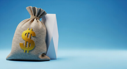 Bag of Wealth Displayed Against Blue Background: Finance Accumulation, Monetary Abundance and Success Representing Financial Opportunities