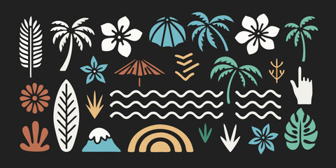 Obraz premium Collection of tropical and beach themed icons and illustrations in a flat design style