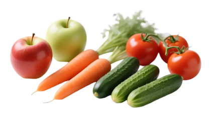 AI generated Fresh Cucumber, Carrot, Tomato, and Apple on Transparent Background , Healthy Food Composition.
