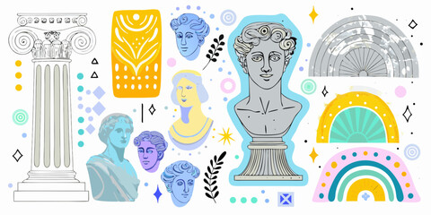 Collection of ancient greek roman statues busts columns and abstract decorative elements