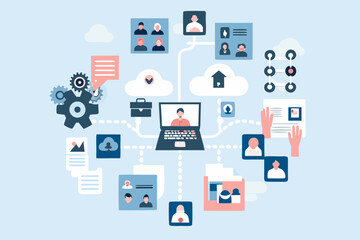 Digital network connecting people and information through cloud technology and gears