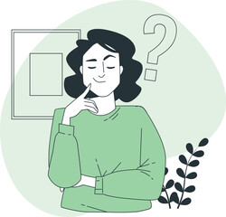 Woman with hand on chin thinking with a question mark and plant Keywords: thinking, woman, questioning, doubt, confusion, contemplation, idea, thought, decision, problem solving, curiosity