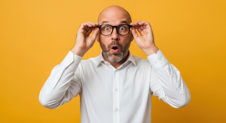 Bald Man Eyeglasses Raised in Surprise: Astonishment Moment, Shock Expression, Reaction News, Human Emotion, Portrait Headshot, Facial Expression