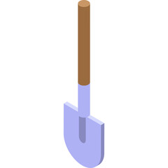 Isometric illustration of a shovel with a light blue head and brown wooden handle against a transparent background