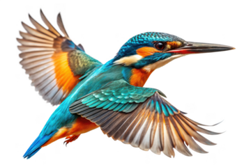 A colorful kingfisher is flying with its wings spread isolated on transparent background
