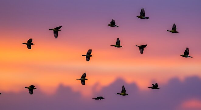 Silhouetted birds flying across a vibrant orange and purple sunset sky.
