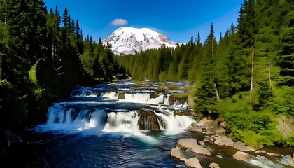 Majestic Mount Rainier Overlooking the Cascading Waterfalls of the Pacific Northwest.