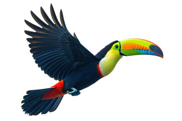Fototapeta premium Flying toucan isolated on transparent background with vibrant colors in the beak