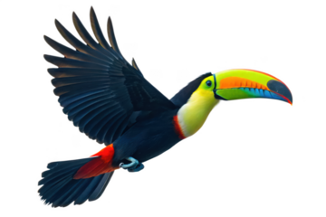 Flying toucan isolated on transparent background with vibrant colors in the beak