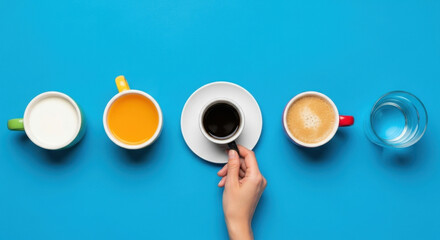 Beverage Selection Coffee Tea Juice Milk Water Fresh Choice Variety Drink Mug Cup Hand Holding Offering Refreshment Menu Concept