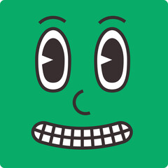 Green Cartoon Face with Wide Eyes and Grinning Mouth Featuring Black Outline and White Teeth Set Against a Solid Green Background