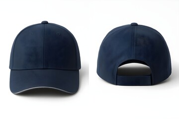 Blank navy blue baseball cap mockup, front and back view, isolated on white background for design.