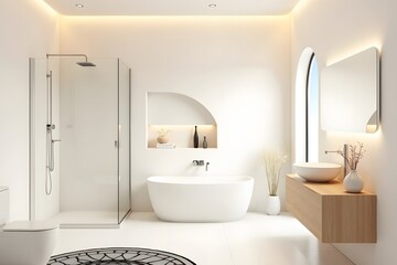 Minimalist white bathroom design with freestanding tub and walk in shower