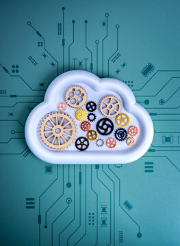 AI cloud computing and system workflow concept with cloud shape filled with gears on technology circuit background. Represents automation, infrastructure, digital integration, and data processing.
