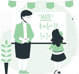 Teacher and student at a whiteboard doing math problems with educational decorations learning teaching