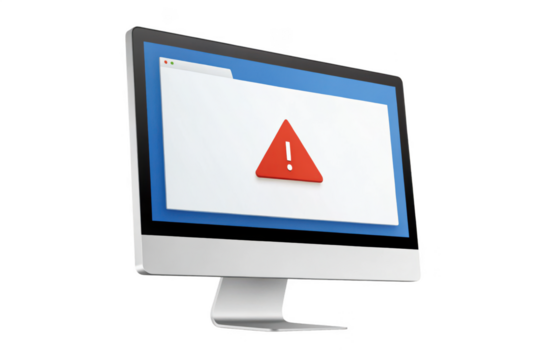 Computer screen displaying a red triangle warning sign isolated on transparent background