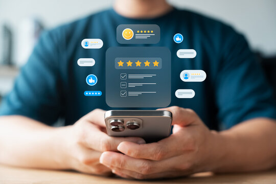 Satisfaction reviews, 5-star customer reviews, excellent service via smartphone, real user feedback, digital reviews and app ratings, marketing and service businesses.