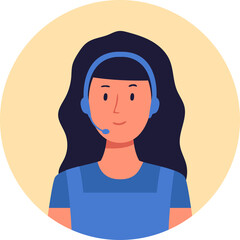 Flat Design Portrait of a Cheerful Woman with Dark Wavy Hair Wearing a Headset and Blue Overalls Against a Soft Yellow Circle Background