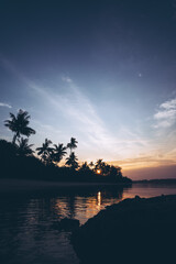 Silhouette of palm trees against a vibrant sunset over a calm body of water.