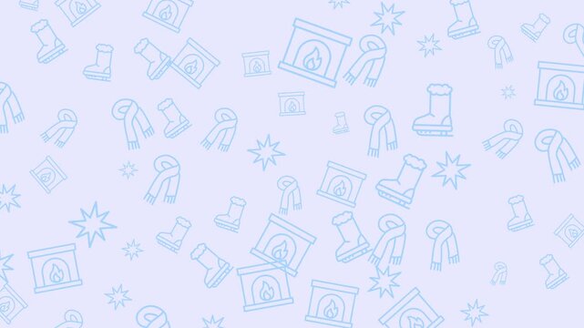 Seamless winter pattern with scarfs, skates, fireplaces, snowflakes on blue for cozy winter designs. Perfect for seasonal backgrounds and decor.