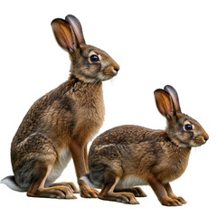 Fototapeta premium Adorable pair of hares sitting alertly, showcasing detailed fur and expressive eyes, perfect for nature and wildlife projects