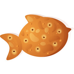 Fish Shaped Cracker With A Golden Brown Texture And Small Pores Against A Transparent White Background With Soft Shadows
