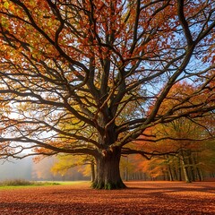 Majestic Autumn Tree with Vibrant Foliage in a Forest Landscape.