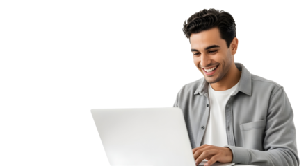 Smiling Man Using Laptop Computer Happy Student Business Communication Concept