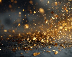 Obraz premium Sparkling golden glitter particles floating in the air and scattered on dark surface with shimmering light effects creating a festive, glamorous, and luxurious atmosphere