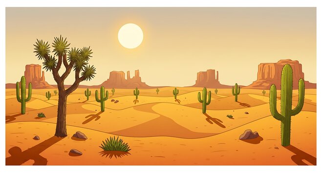 Vibrant Cartoon Desert Landscape with Joshua Trees and Cacti Under a Bright Sun.