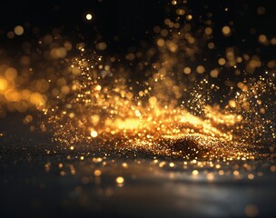 Naklejka premium Shimmering golden glitter particles floating and sparkling against a dark background with a sense of movement and depth, creating a magical and festive atmosphere.