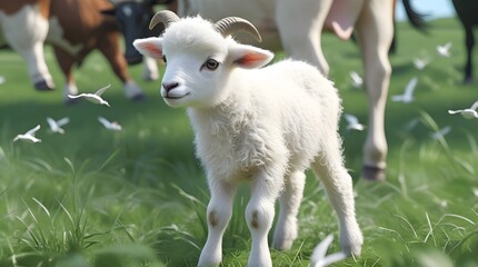 Obraz premium A white lamb with a fluffy coat and delicate features stands in a lush green field surrounded by other animals, including a few cows with brown hides and curved horns, a flock of birds flying overhead