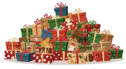 Vibrant pile of christmas gift boxes with cheerful santa and snowman designs