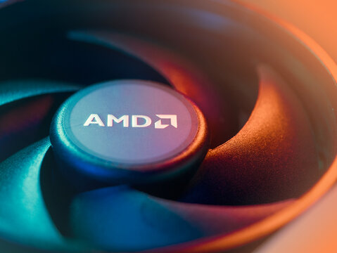 LOS ANGELES, CA - October 10, 2025: Close-up on AMD logo on Ryzen CPU cooler blades. Concept of modern PC hardware, AI and gaming technology.