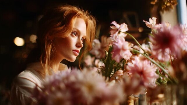 A woman in a sunlit room surrounded by vibrant pink flowers, reflecting on life and beauty. Her serene expression evokes a sense of calm and connection with nature's elegance.