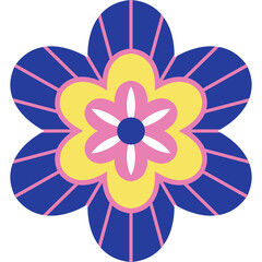 Abstract Six Petal Flower Design in Blue Yellow Pink and White with Transparent Background