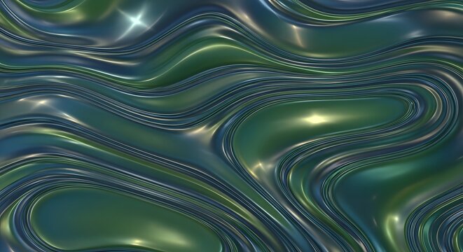 Mesmerizing abstract background featuring flowing, glossy waves of iridescent green and blue liquid metal