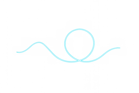 Glowing neon light line creating abstract wave effect with loop, vivid blue curve design on transparent background