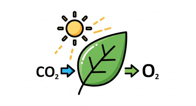 Illustration of photosynthesis process: carbon dioxide entering a green leaf under sunlight, producing oxygen.
