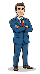 Obraz premium Pixel Art Businessman in Blue Suit and Red Tie Arms Crossed Confident Pose