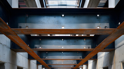 Steel frame construction detail in an industrial workshop with architectural structure.
