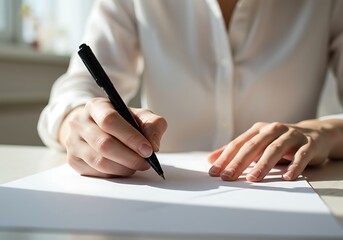Woman carefully writing notes on paper with elegant pen, bright daylight