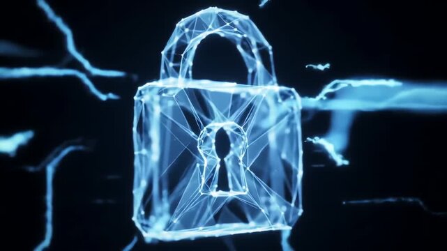 A glowing blue padlock made of digital wireframes on a dark background