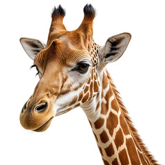 Fototapeta premium Giraffe portrait; brown & white spots, dark background, neck, horns