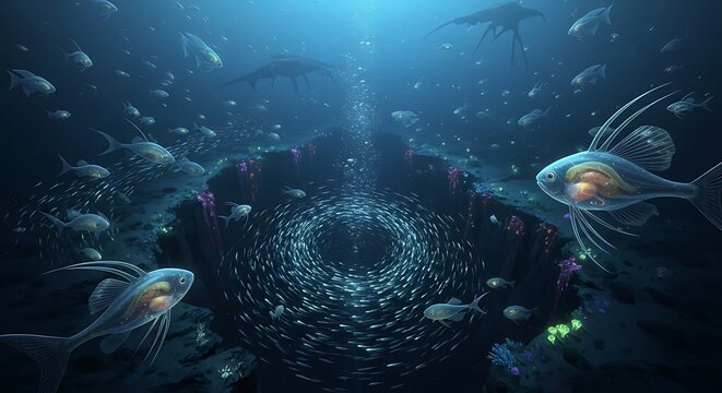 A mysterious deep-sea environment with dim blue lighting and bioluminescent creatures glowing softly in the darkness