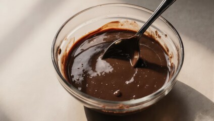Melted chocolate in a glass bowl, spoon inside