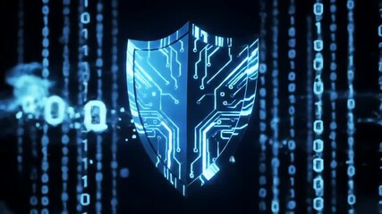 A neon blue shield with circuit board patterns set against a background of falling binary code - Powered by Adobe