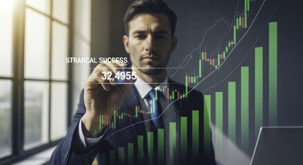 Professional businessman interacting with a futuristic holographic screen displaying financial growth charts and stock market data, symbolizing strategic success and innovation in finance.
