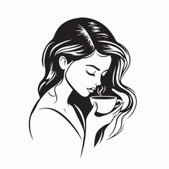Woman Smelling Hot Coffee Cup Vector Illustration on white background