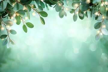 Soft Green Background with Leaves and Twinkling Lights for Nature Inspired Designs